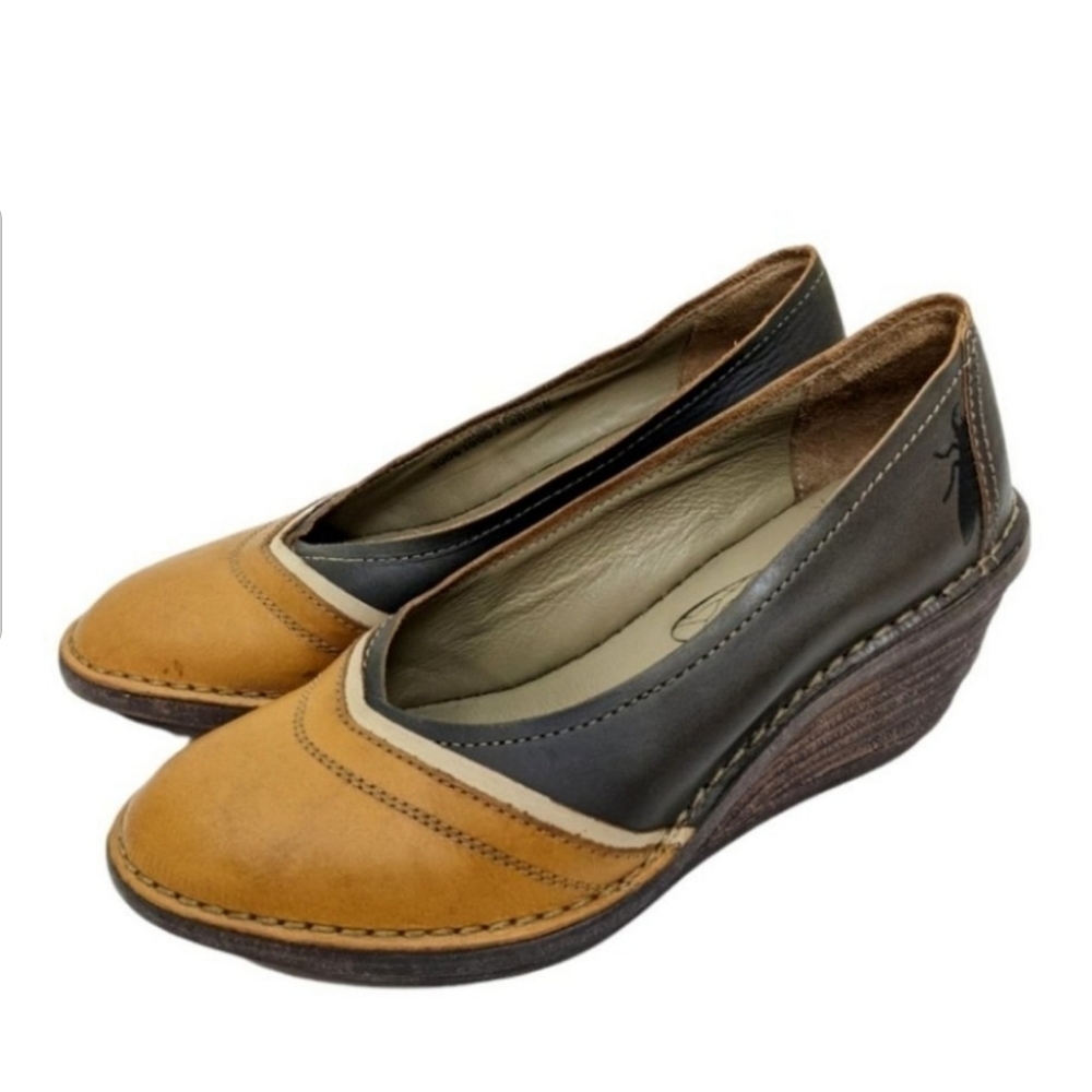 Fly London Mustard  Yellow Two Tone Comfort Leather Wedge Heels sz 40